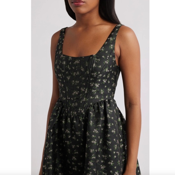 NEW LULUS Black CELINE Floral CORSET Square Neck COCKTAIL Midi DRESS S - Picture 14 of 16